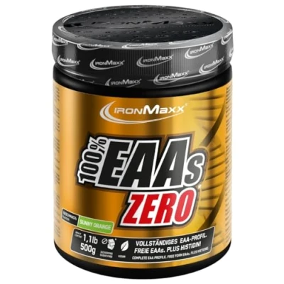 Abbildung von IronMaxx 100% EAAs Zero Sunny Orange 500g Dose EAA Pulver, vegan und zuckerfrei mit allen 8 essentiellen Aminosäuren fruchtiger Geschmack, frei von Konservierungsstoffen