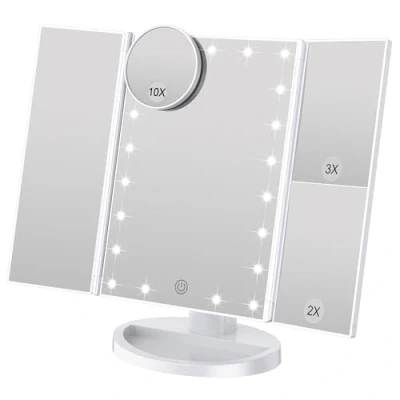 Abbildung von WEILY 3 Seiten Kosmetikspiegel mit 21 LED Beleuchtungen, 1X/ 2X/ 3X Vergrößerung, Touch Schalter, dimmbar Makeup Spiegel,180 Grad frei drehbare Tischspiegel, wiederaufladbare Schminkspiegel (Weiß)