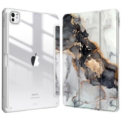 Abbildung von Fintie Hybrid Hülle für iPad Pro 11 Zoll M4 (2024) (Modellnummer: A2836/A2837/A3006) mit Stifthalter Stoßfeste Schutzhülle Case transparenter Hartschale auf der Rückseite, Trüber Marmor