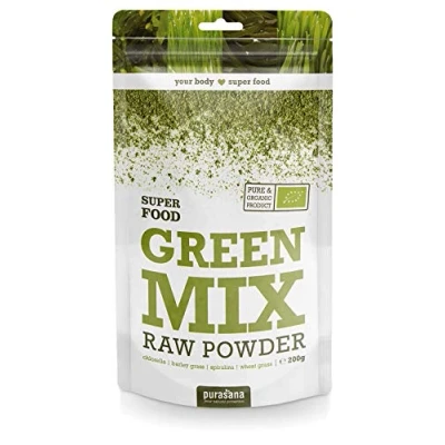 Abbildung von Green Mix Bio Pulver Mischung aus Chlorella, Spirulina, Weizengras und Gerstengras