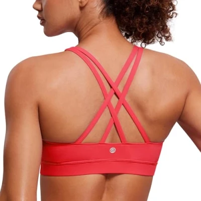 Abbildung von CRZ Yoga Damen Ohne Bügel Sport BH Gekreuzt Rücken Spaghetti Top Abnehmbare Pads Croptop Purpur S