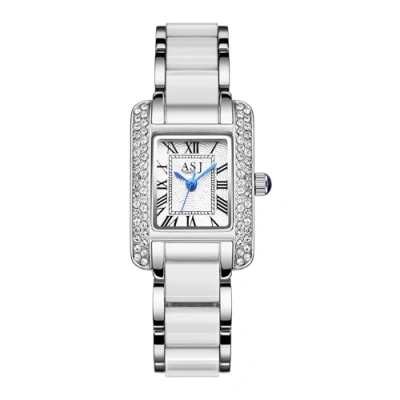 Abbildung von JewelryWe Damenuhr Glitzer Rechteckige Uhr: Silber Damen Bling Strass Analog Quarz Armbanduhr Keramik Imitation Metallarmband Frauen Lässige Uhr mit Eckigem Römischen Ziffern Zifferblatt