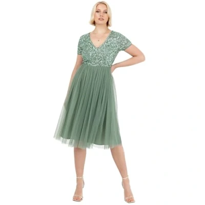 Abbildung von Maya Deluxe Damen Embellished Midi Evening Dress Women Ladies V Neckline with Short Sleeve for Prom Wedding Brautjungfernkleid, Deep Mint, 40