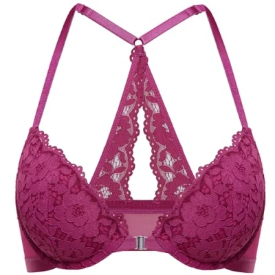 Abbildung von DOBREVA Damen Vorderverschluss BH mit Bügel Push Up Spitzen Neckholder BHS Racerback Tiefer Ausschnitt Gepolsterter Magenta Violett 90E