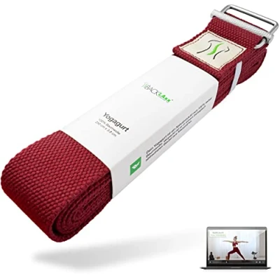 Abbildung von BACKLAXX ® Yoga Gurt Baumwolle (rot) Nachhaltiges Zubehör Set, Yogagurt 250 cm lang mit praktischem Verschluss aus Metall Set ideal für Yoga, Pilates und Dehnen inkl. Anwendungsvideo