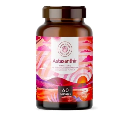 Abbildung von ASTAXANTHIN 12mg Aus reiner Haematococcus Pluvialis Mikroalge Optimierte Bioverfügbarkeit mit Sonnenblumenkernöl 60 vegane Depot Softgels