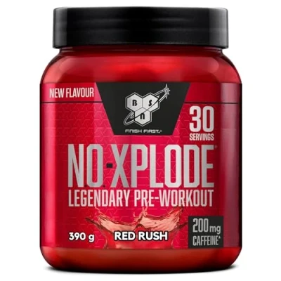 Abbildung von BSN Nutrition N.O. Xplode Pre Workout Pulver Nahrungsergänzungsmittel, mehr Energie und Konzentration mit Koffein, Aminosäuren, Vitamin C Zink, Geschmacksrichtung Red Rush, 30 Portionen, 390 g