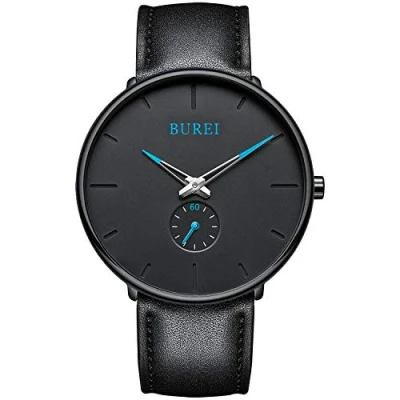 Abbildung von BUREI Herrenuhr Minimalistisch Schlank Schwarzes Zifferblatt Analog Quarz Uhr mit Schwarzem Mesh Armband
