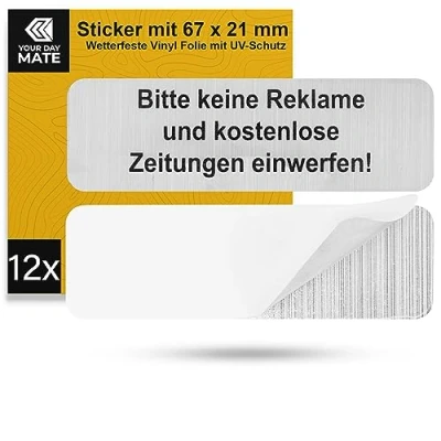 Abbildung von Briefkastenaufkleber &quot;Keine Werbung&quot;, 12 Stück, 67 x 21 mm, selbstklebende Folie in Edelstahl Optik, Stop Werbung Schild für Innen und Außenbereich, Aufkleber Sticker Hinweis &quot;Bitte keine Werbung&quot;