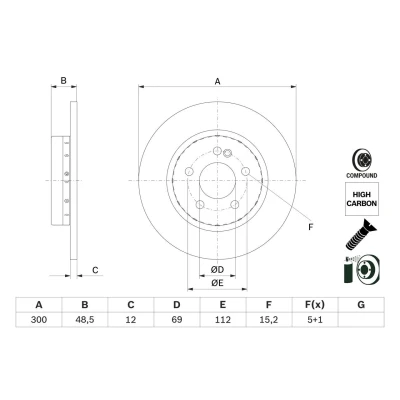 Abbildung von BOSCH 0 986 479 H49 Bremsscheibe 300 12 5 112 Verbundbremsscheibe, voll beschichtet hochgekohlt mit Schrauben MERCEDES BENZ: C Class Saloon