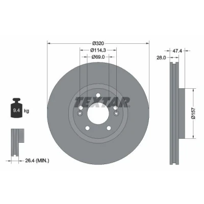 Abbildung von TEXTAR 92237805 Bremsscheibe 320 28 05/07 114,3 innenbelüftet beschichtet hochgekohlt ohne Radbefestigungsbolzen, Radnabe HYUNDAI: ix35