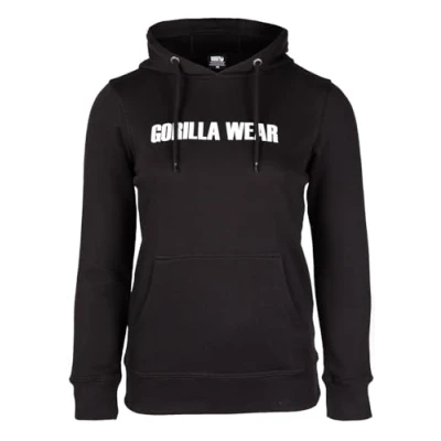 Abbildung von Gorilla Wear Charlotte Hoodie Schwarz Bodybuilding Sport Freizeit Alltag leicht bequem mit Logo Aufdruck aus Baumwolle und Polyester optimale Bewegungsfreiheit, XS