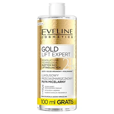 Abbildung von Eveline Cosmetics Gold Lift Expert 3 in 1 Mizellenwasser mit 24K Gold, Hyaluronsäure &amp; Arganöl Anti Aging Formel für reife Haut, entfernt wasserfestes Make up