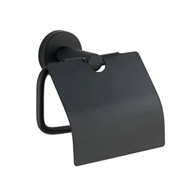 Abbildung von WENKO WC Papierhalter mit Deckel Mod. Bosio Black, aus rostfreiem Edelstahl, 15x13,5x7 cm, inkl. Schraubmaterial, Schwarz matt