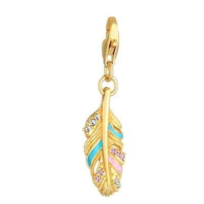 Abbildung von Feder Charm Anhänger 925 Sterling Silber vergoldet für Damen und Mädchen, Goldener Engelsfeder Symbol mit Glas Kristalle, Charms passend alle gängigen Charmträger Bettelarmband
