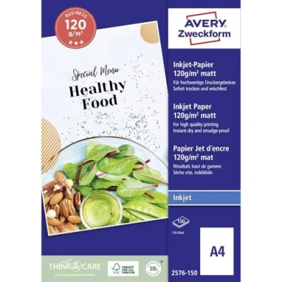 Abbildung von Avery Zweckform Art. 2576 150 Business Inkjet Papier (150 Blatt, 120 g/m², DIN A4, mattes Druckerpapier, einseitig beschichtet, sofort trocken &amp; wischfest, Flyerpapier für Drucker) weiß