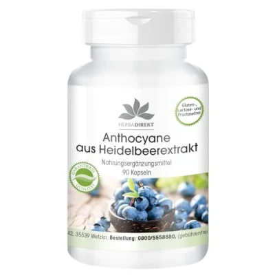 Abbildung von Anthocyane aus Heidelbeerextrakt 25% 90 Kapseln vegan HERBADIREKT by Warnke Vitalstoffe Deutsche Apothekenqualität