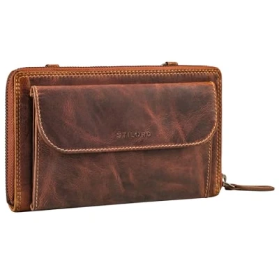 Abbildung von STILORD &#039;Monica&#039; 4 in 1 Leder Geldbörse mit Handyfach Damen Clutch Geldbeutel zum Umhängen Schultertasche Klein Crossbody Portemonnaie für Frauen Handytasche Echtleder, Farbe:salerno braun