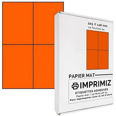 Abbildung von 100 selbstklebende Etiketten neon orange von 105 x 148,5 mm 4 Etiketten/Blatt 25 Blatt A4 / Papier matt Farbe Für Inkjet/Laser/Kopier Drucker farbig