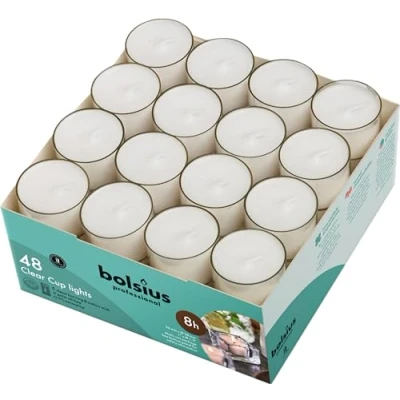 Abbildung von bolsius Genuine Tea Light Candles in Clear Holder Cups Bulk 48 Set. Long Burning 8hr, Unscented, for Mood, Dinners, Parities, Home, Decoration, Wedding, Crafts, Weiß