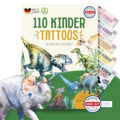 Abbildung von MeinBaby123 110 hautfreundliche Kinder Tattoos mit Dinos, Dinosaurier Tattoo, Kindertattoos zum Aufkleben, Geschenk für Kinder, vegan &amp; made in Germany (1x Dinos)