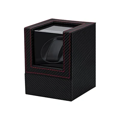 Abbildung von Mcbazel Uhrenbeweger für Automatikuhren, Uhrenbewegerbox PU Leder Karbonfaser Uhrengehäuse mit EU Stecker Schwarz/Rot