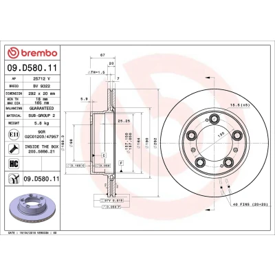 Abbildung von BREMBO 09.D580.11 Bremsscheibe 292 20 5 innenbelüftet beschichtet hochgekohlt mit Schrauben PORSCHE: Boxster