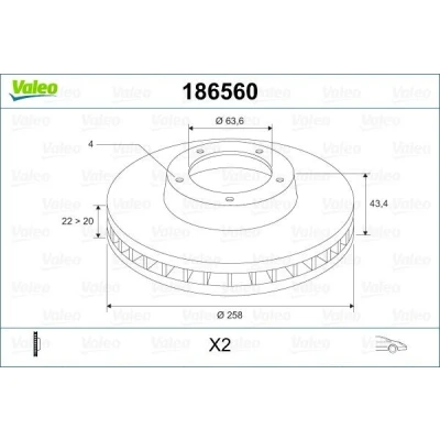 Abbildung von VALEO 186560 Bremsscheibe Vorderachse 258 22 4 Belüftet FORD: FIESTA 5, Focus Mk1 Hatchback, Fusion Estate, MAZDA: 2 Hatchback