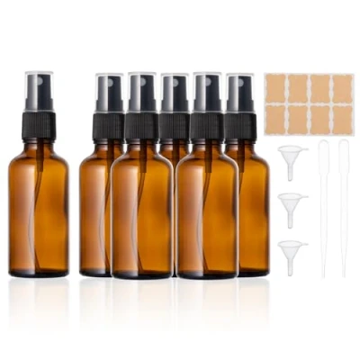 Abbildung von 6 Stück Sprühflasche Glas Leer, 50ml Kleine Braunglas Sprühflaschen zum Befüllen mit Trichter Pipetten und Etiketten Für ätherische Öle, Parfüm