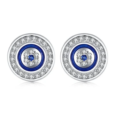 Abbildung von Runde blaue Ohrstecker mit bösem Blick, Durchmesser 10 mm, 925er Sterlingsilber, blau weiße Zirkonia Emaille, Metall Silber Zirkonia,