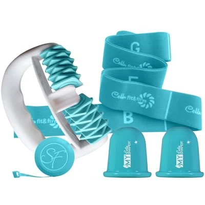 Abbildung von Stephanie Franck Beauty Cellulite Massagegeräte Set N2 mit 1 Massageroller My Body Shaper, 2 Silikon Schröpfgläser Cellu Shaper (5,5cm) + Yoga Band für eine straffe Haut (türkis)