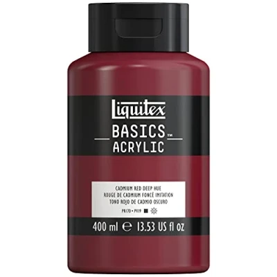 Abbildung von Liquitex 8870320 Basics Acrylfarbe, monopigmentierte Künstlerpigmente, lichtecht, mittlere Viskosität, Archivqualität, seidenglänzender Finish, 400ml Flasche Kadmiummiumrot dunkel Farbton
