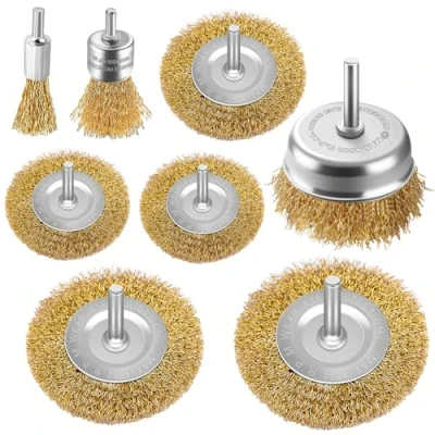 Abbildung von Drahtbürsten Set, 8 teilig, Messing beschichtete Drahtbürste, Rad Topfbürste, Metallbürsten für Bohrer, 1/4 Zoll Schaft zur Reinigung von Rost, Flocken und Schleifmitteln, Bohraufsatz
