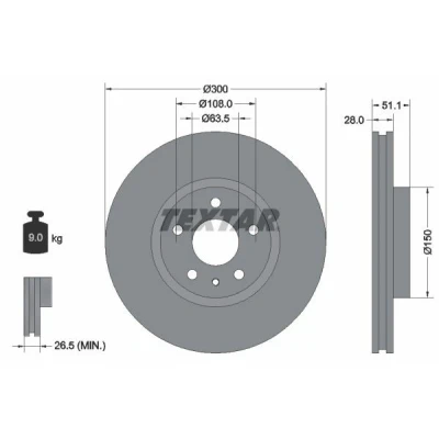 Abbildung von TEXTAR 92268605 Bremsscheibe 300 28 05/06 108 innenbelüftet beschichtet hochgekohlt ohne Radbefestigungsbolzen, Radnabe FORD: Mondeo 5 Kombi