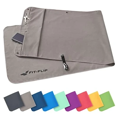 Abbildung von Fit Flip Fitness Handtuch mit Magnet und Reißverschluss Tasche Gym aus Mikrofaser für Sport Kompakt &amp; Schnelltrocknend Sporthandtuch Fitnessstudio Türkis 130x48cm