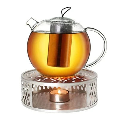 Abbildung von Creano Teekanne aus Glas 2,0l Jumbo + EIN Stövchen Edelstahl, 3 teilige Glasteekanne mit integriertem Edelstahl Sieb und Glasdeckel, ideal zur Zubereitung von losen Tees, tropffrei