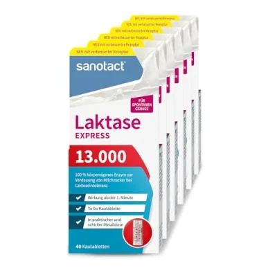Abbildung von sanotact Laktase 13.000 EXPRESS (6 x 40 Laktasetabletten) Laktose Tabletten mit Sofortwirkung Bei Laktoseintoleranz &amp; Milchunverträglichkeit Für spontanen Genuss von Milchprodukten