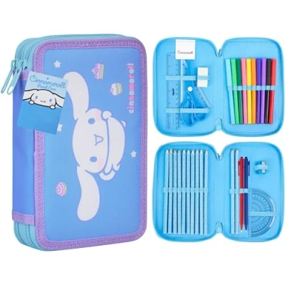 Abbildung von Hello Kitty Federmäppchen Mädchen Federtasche Gefüllt mit Schulsachen Buntstifte Filzstifte und Vieles Mehr Cinnamoroll Kuromi Sanrio Geschenk Idee (Mehrfarbig Cinnamoroll)