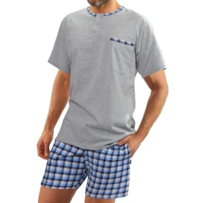 Abbildung von sesto senso Herren Schlafanzug Kurz Pyjama Baumwolle Kurzarm T Shirt Pyjamahose Zweiteilig Set grau M Jasiek Melange