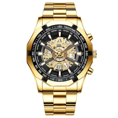 Abbildung von JewelryWe Herrenuhr Edelstahl Leuchtend Uhr: 30m Wasserdicht Kalender Analog Quarz Armbanduhr Herren Gold Edelstahlband Imitation Mechanische Skelett Uhr mit Achteckig Lünette &amp; Leuchtzeiger