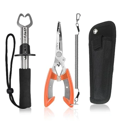 Abbildung von J&amp;D Angelzange und Fischlippenzange Set, Multifunktionale Edelstahl Zahnradhakenentferner mit Sicherheitsspule Scheide Lanyard für Süßwasser Salzwasserfischen, Orange