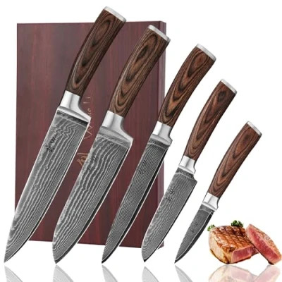 Abbildung von Wakoli Edib 5er Damastmesser Set, scharfe 8 bis 20 cm Klingen, Premium Küchenmesserset aus 67 Lagen Damaststahl, Griffe Pakkaholz, Damast und Profi Kochmesser in Holzbox