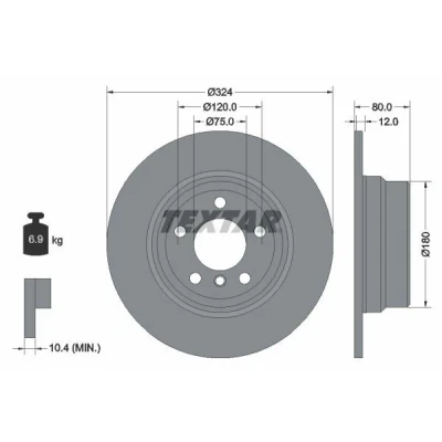 Abbildung von TEXTAR PRO 92107403 Bremsscheibe 324 12 05/06 120 voll beschichtet ohne Radbefestigungsbolzen, Radnabe BMW: X5