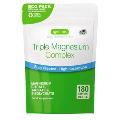 Abbildung von Triple Magnesium Komplex, hochwertiges Glycinat, Taurat &amp; Citrat, hohe Bioverfügbarkeit und Absorption, magenfreundlich, vegan hypoallergen, 180 Tabletten, von Igennus