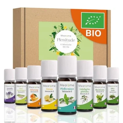 Abbildung von ÄTHERISCHE ÖLE SET BIO Zertifiziert Duftöl Pur 100% Naturrein, Aroma Diffuser Ravintsara Lavendin Pfefferminzöl Zitrone Eukalyptusöl Süßorangenöl Aromatherapie Geschenk Idee Massageöle Geschenkset