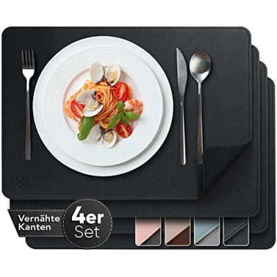 Abbildung von Loco Bird Tischsets 4er Set aus PU Leder Platzsets Abwaschbar 43x30cm Tischdeckchen Tischset beidseitig Schwarz, Platzset Lederoptik, abwaschbare Kunstleder, Platzdeckchen