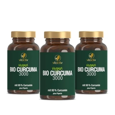 Abbildung von VITACTIV Bio Curcuma 3000 im 3er Pack Kurkuma hochdosiert Extrakt mit 95% Curcumin Piperin für hohe Bioverfügbarkeit Ohne Magnesiumstearat, Vegan 180 Kapseln Tage