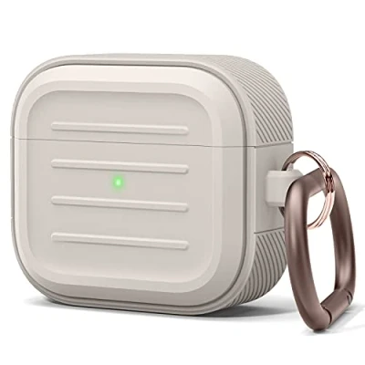 Abbildung von elago Schutzhülle mit Schlüsselanhänger, kompatibel AirPods 3 unterstützt kabelloses Wiederaufladen, stoßfest und bietet umfassenden Schutz (Stone)