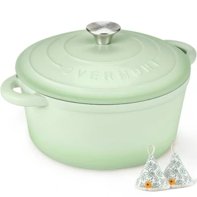 Abbildung von Overmont Bräter Emaille Gusseisen Topf Schmortopf 26cm backofengeeignet mit Deckel und Kochbuch für Küche Backen Schmoren Braten