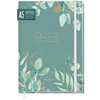 Abbildung von paper&amp;you® Bullet Journal dotted A5 mit Gummiband [Blattgold mint] 156 Seiten Notizbuch gepunktet, Tagebuch nachhaltig &amp; klimafreundlich